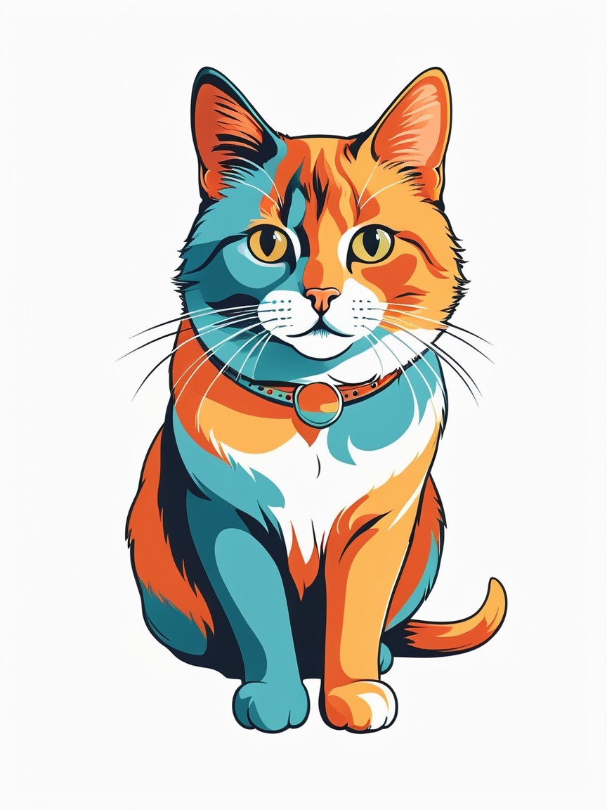 Vibrant Illustration of a Cat with Orange and Blue Fur