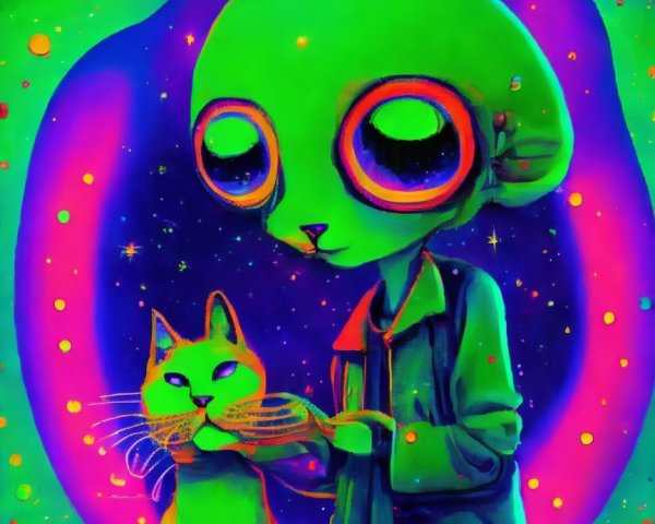 Whimsical Alien Holding Cat in Cosmic Background