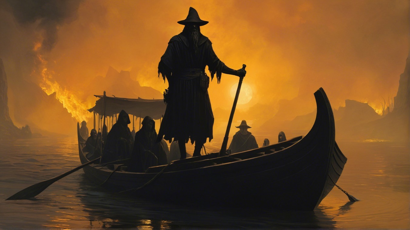 Mysterious Boat Scene with Shadowy Figures at Sunset