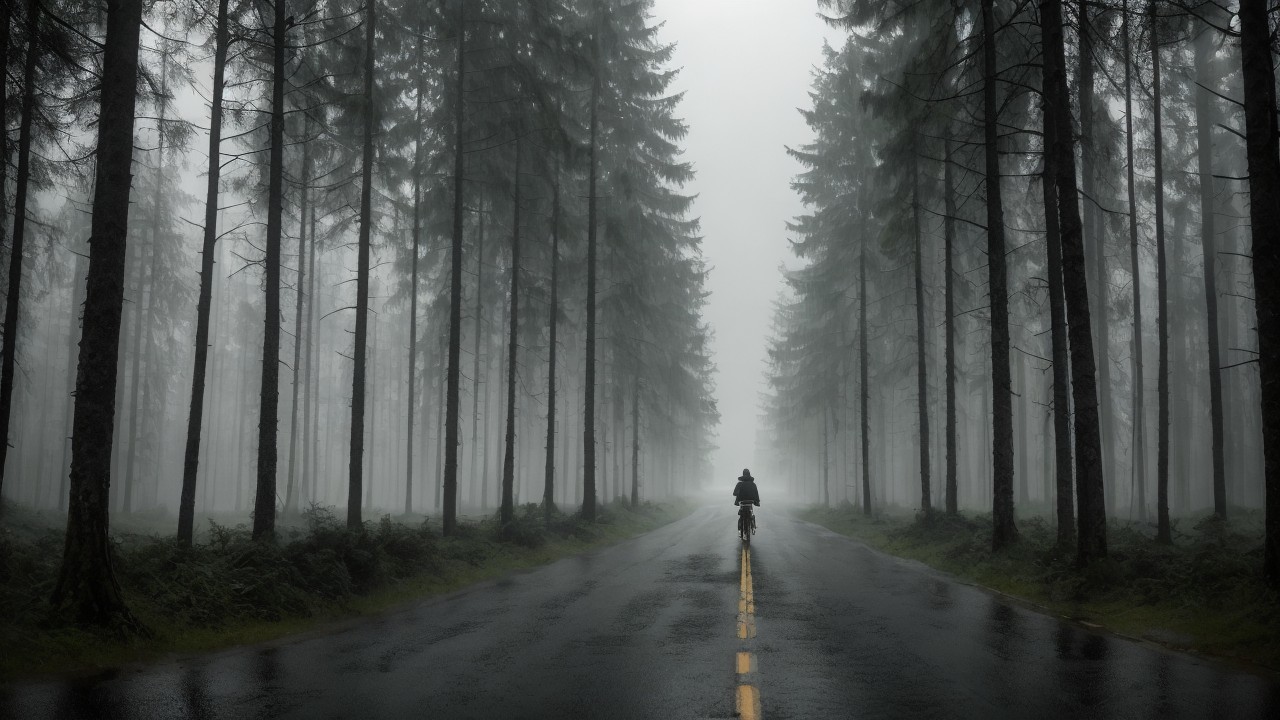 Cyclist on a Foggy Road Surrounded by Trees