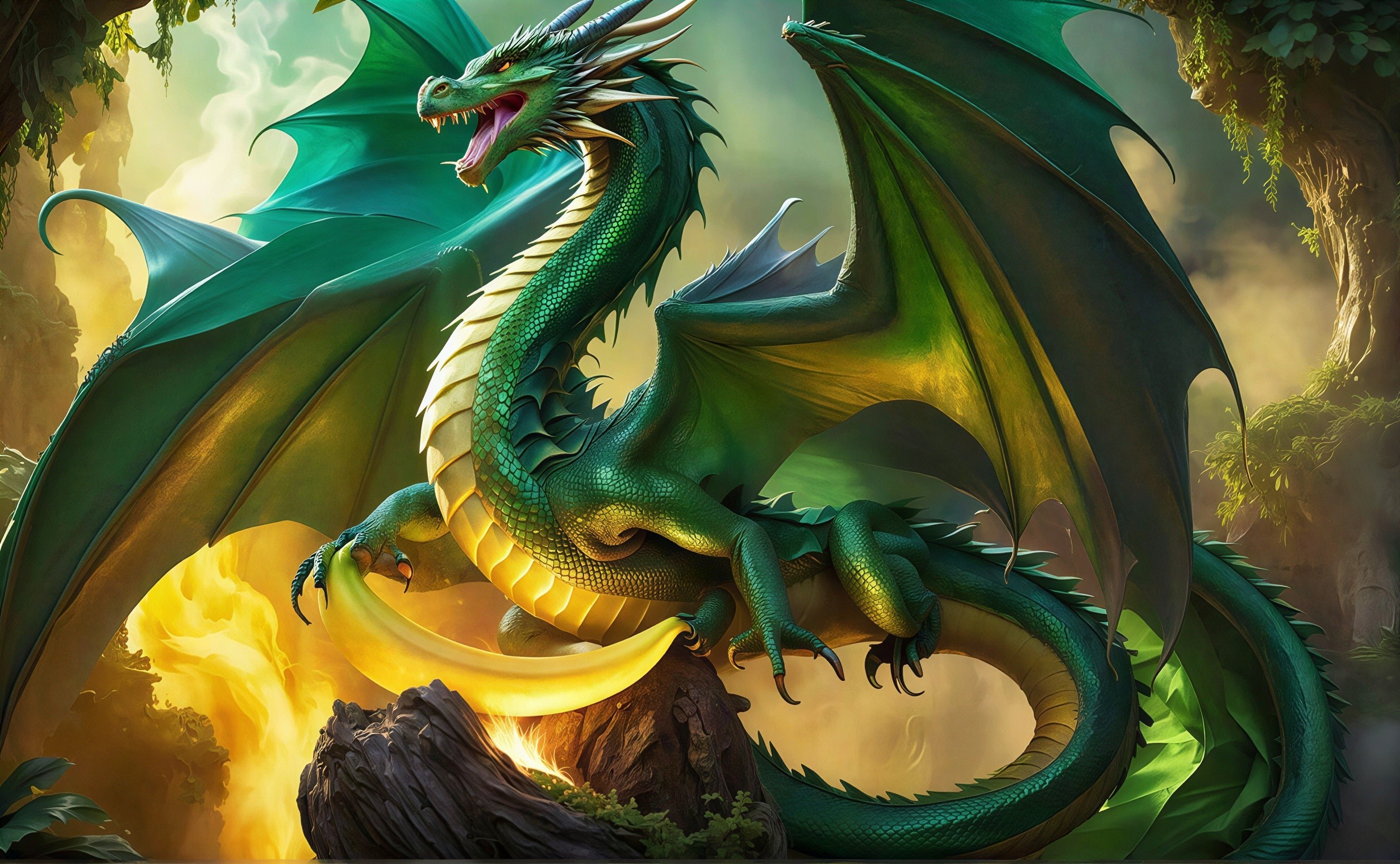 Emerald Green Dragon in Ethereal Forest Setting