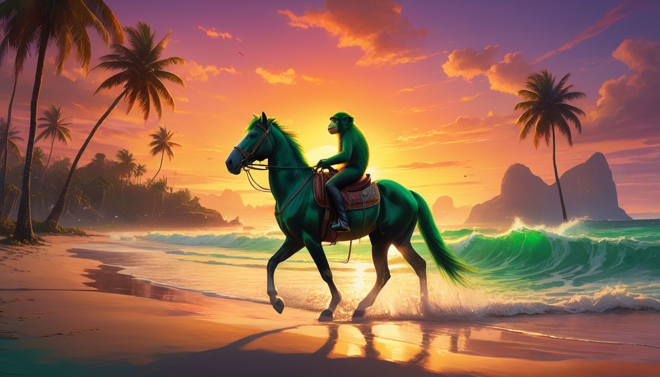 Vibrant sunset beach scene with monkey on horse