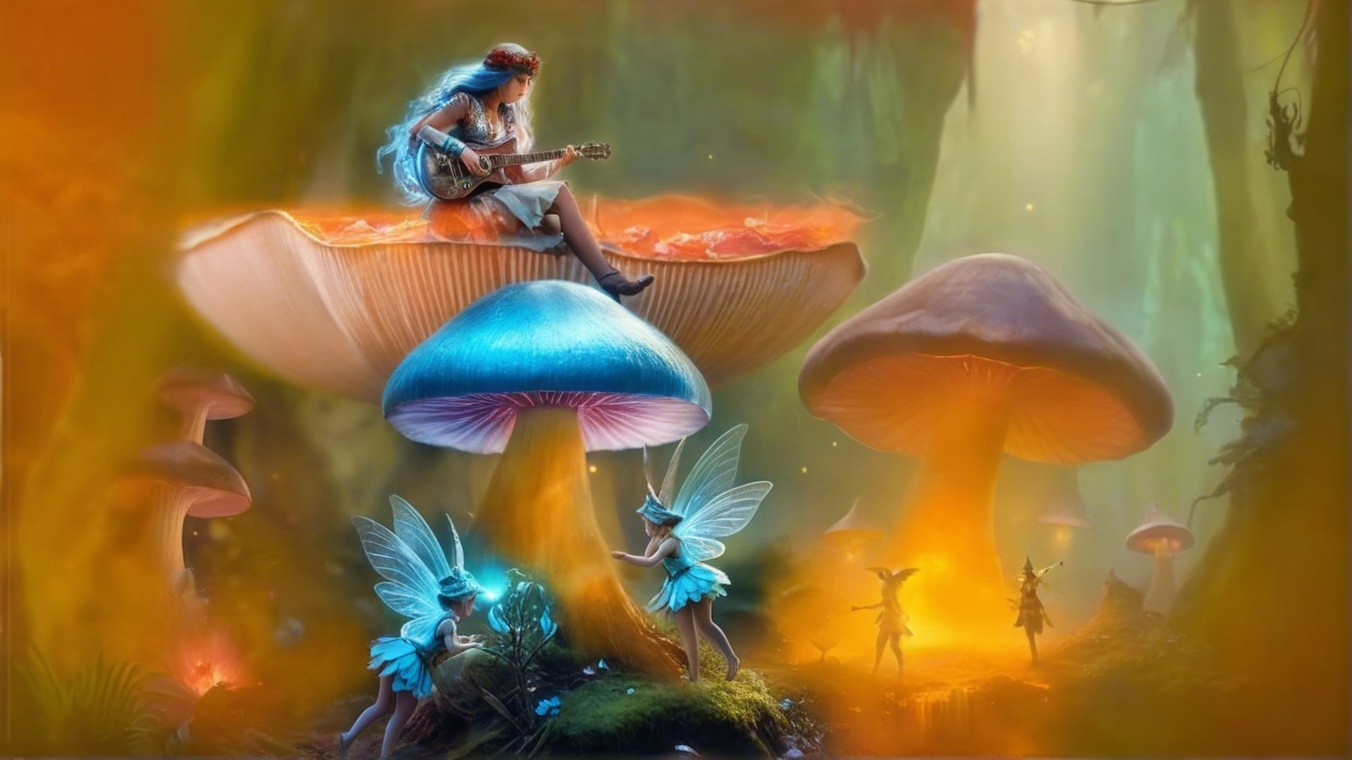 Female figure playing guitar on a glowing mushroom
