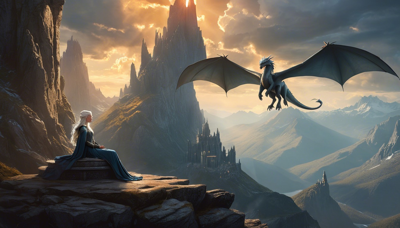 Serene Figure and Dragon Over Majestic Landscape