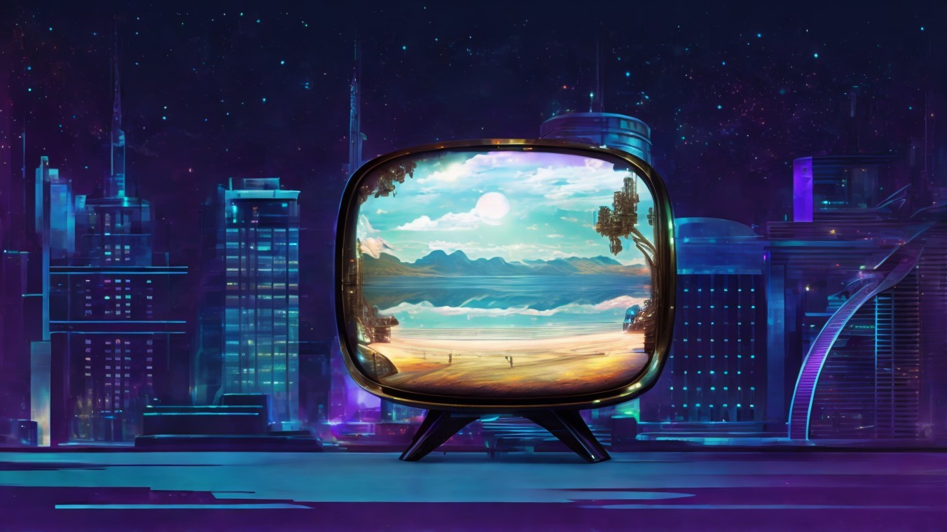 Vintage Television in Futuristic Neon Cityscape