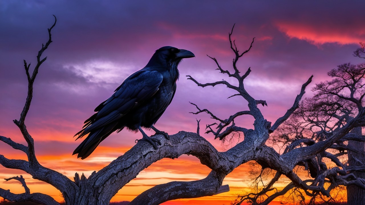 Raven Silhouetted Against a Vivid Sunset Sky