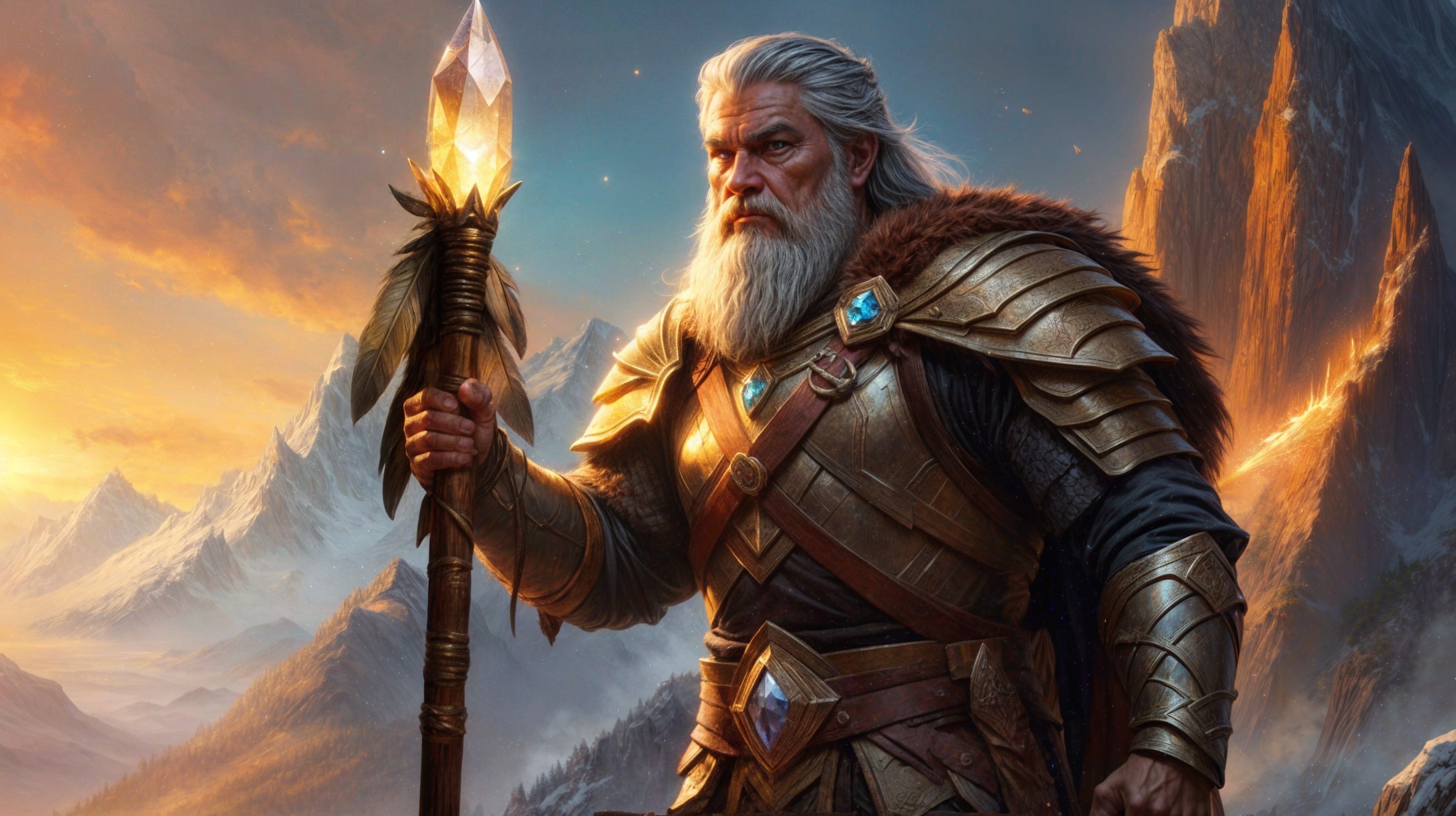 Elder Warrior in Golden Armor Amidst Mountain Landscape