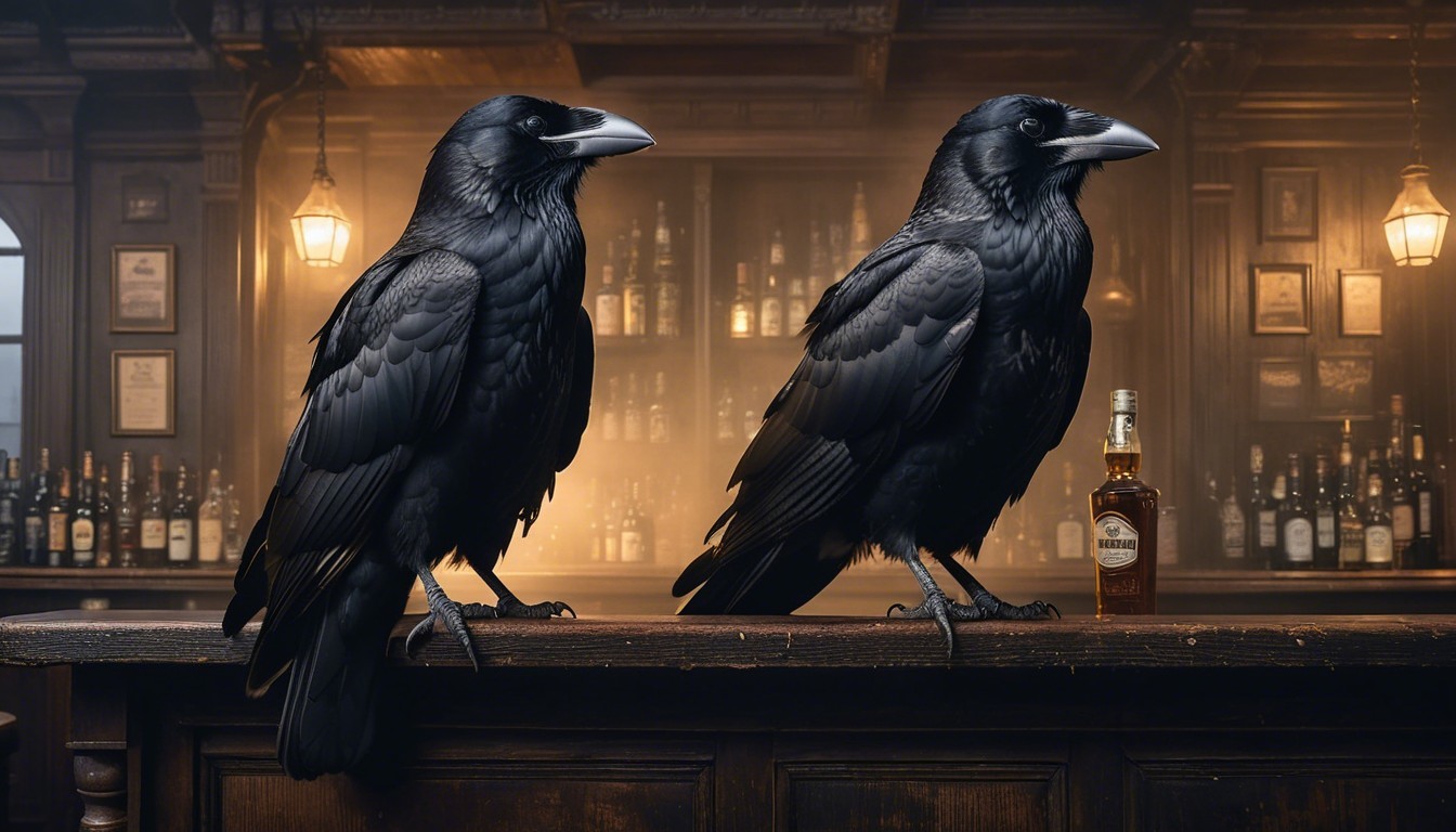 Black Ravens Perched in a Dimly Lit Bar Setting