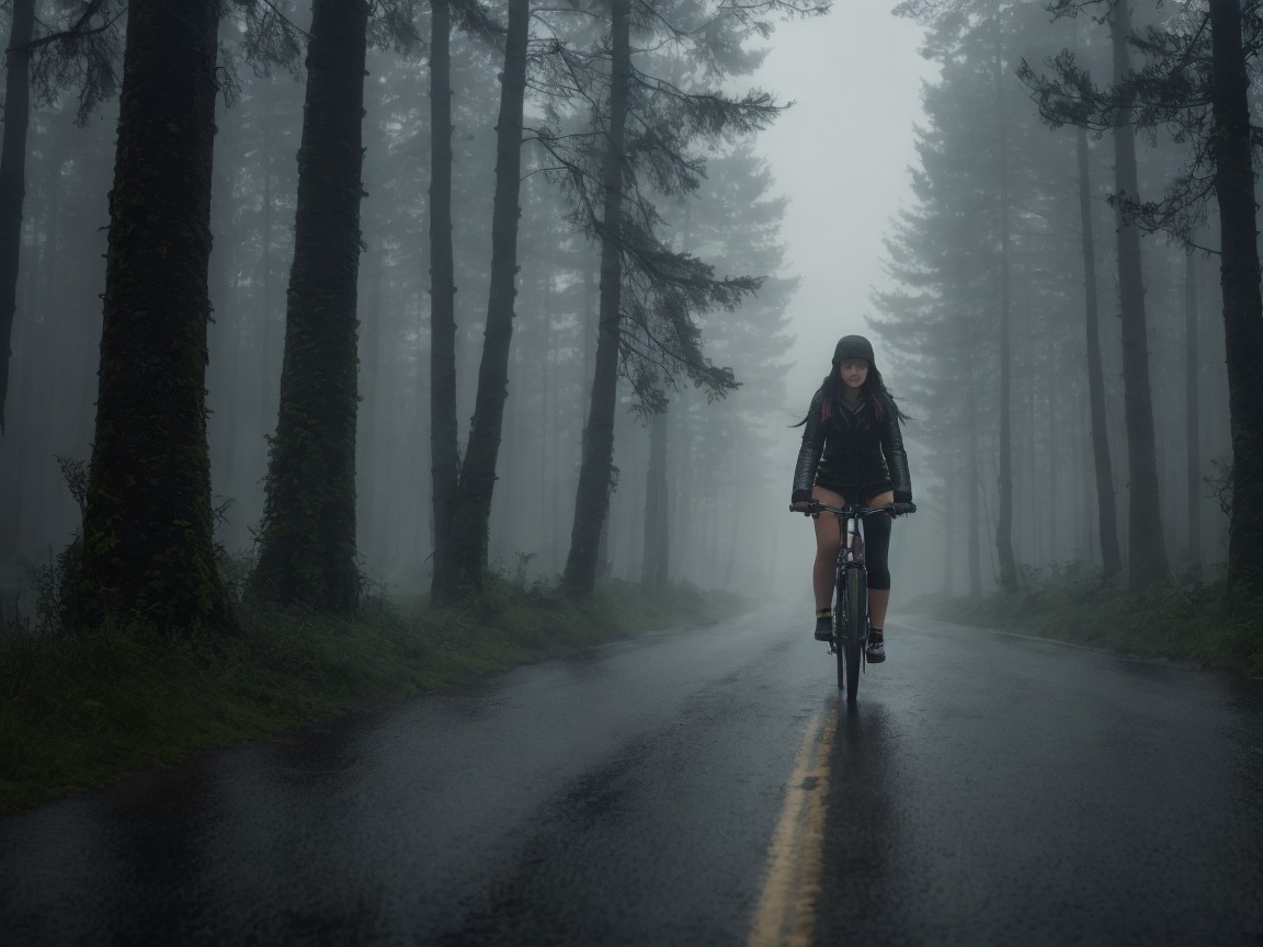 Cyclist on Misty Road Surrounded by Tall Trees
