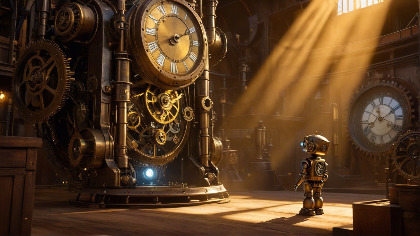 Steampunk Workshop with Robot and Vintage Clockwork Device