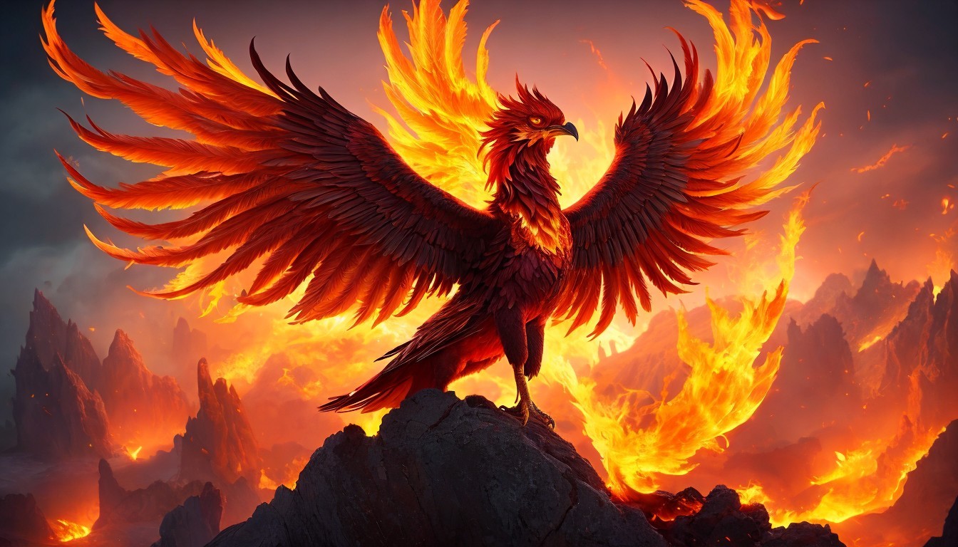 Majestic phoenix on jagged rocks with fiery wings