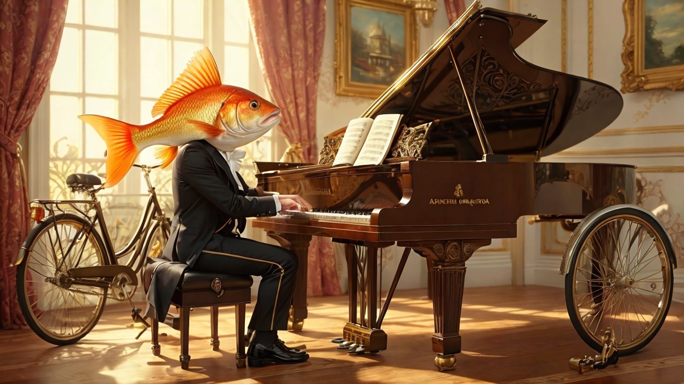 Surreal Scene of Goldfish Head Pianist in Opulent Room