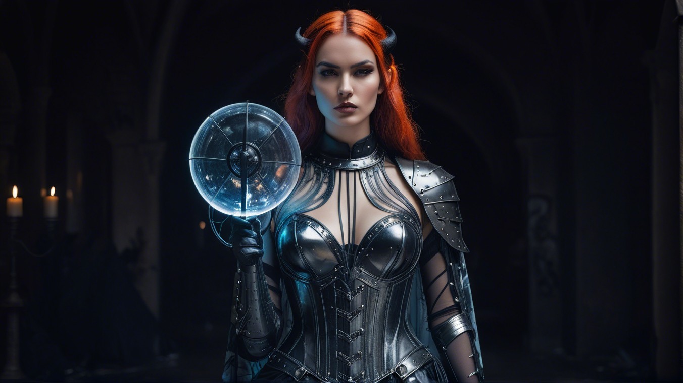 Gothic Figure in Silver Armor with Glowing Orb