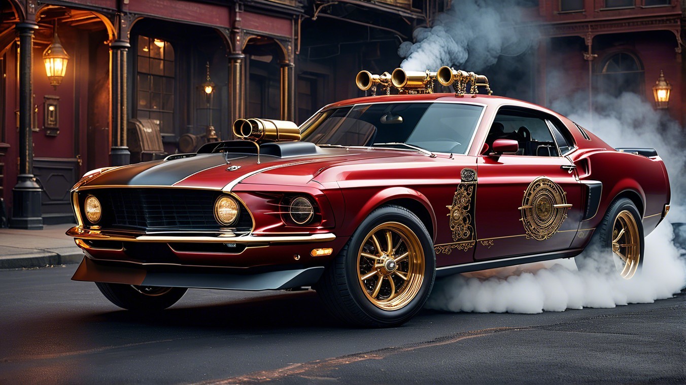 Red Vintage Muscle Car with Gold Detailing in Motion