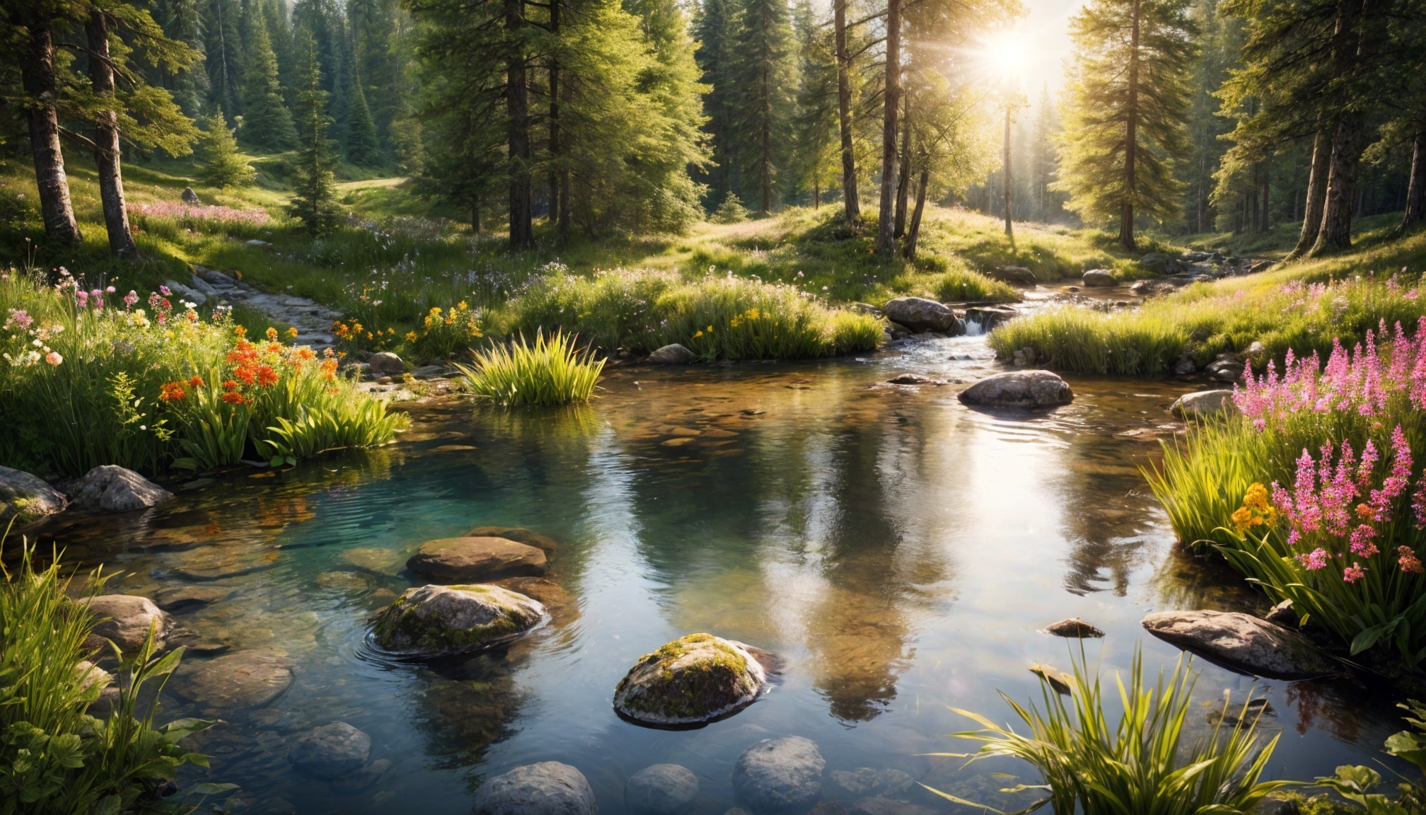 Serene Landscape with Stream and Lush Greenery