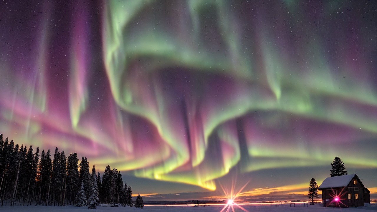 Northern Lights Over Snowy Cabin Landscape