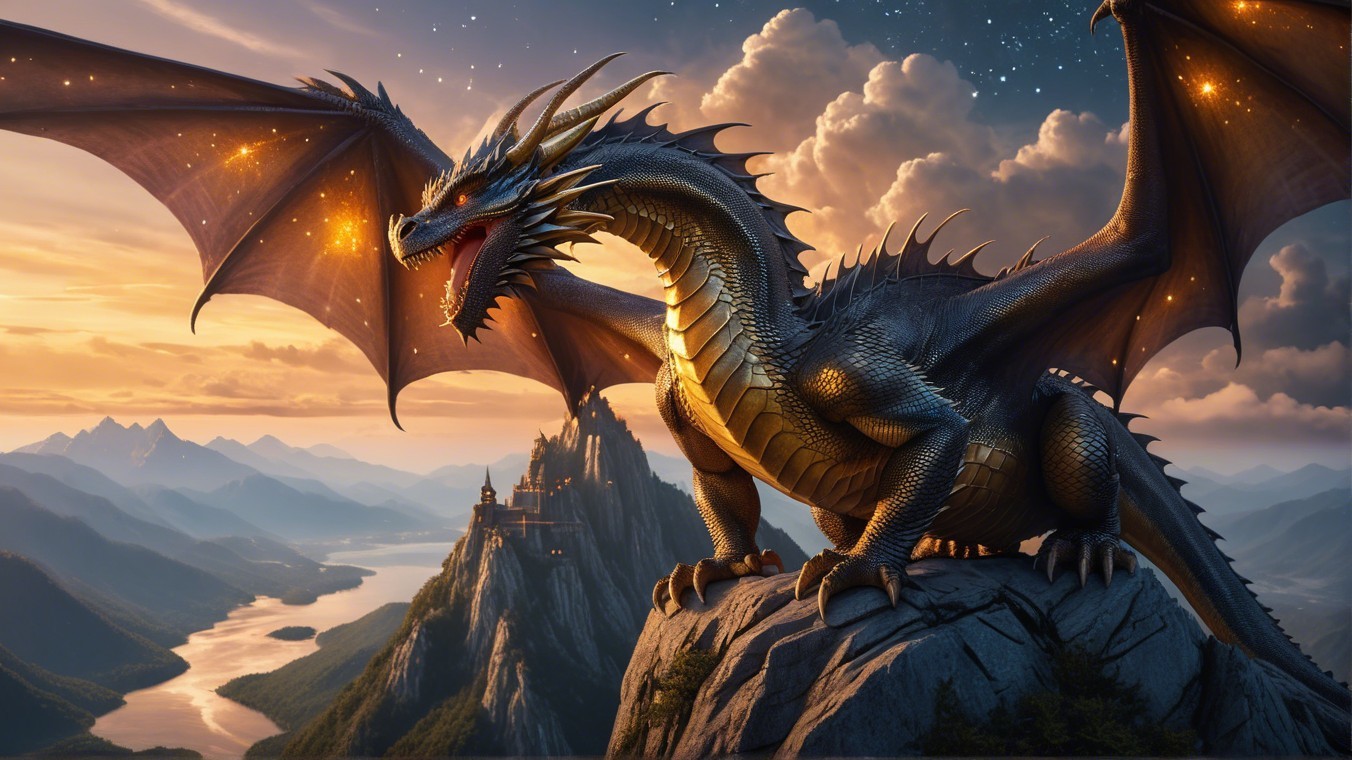 Majestic dragon in fantasy landscape at sunset
