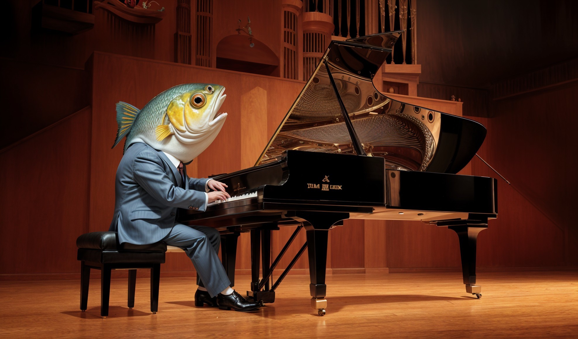 Fish in Suit Playing Piano on Stage in Concert Hall