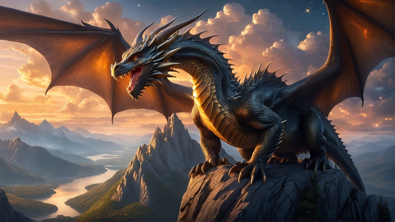 Majestic Black Dragon on Rocky Cliff at Sunset