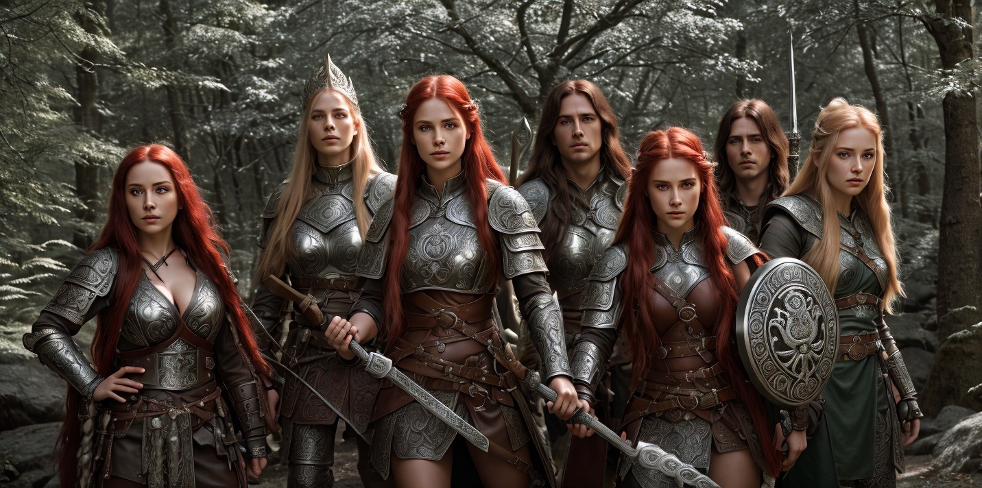 Warriors in Armor in a Mystical Green Forest