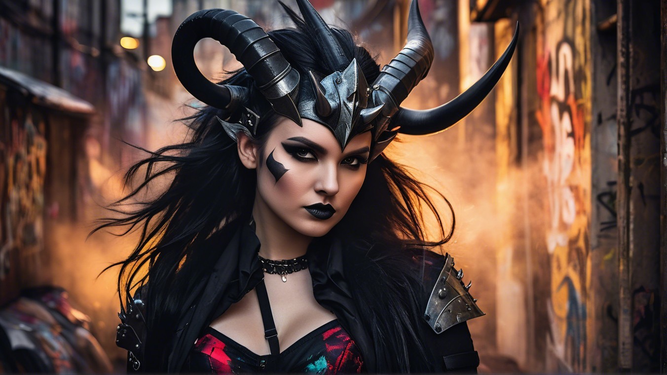 Fierce Female Figure in Urban Alley with Horned Armor