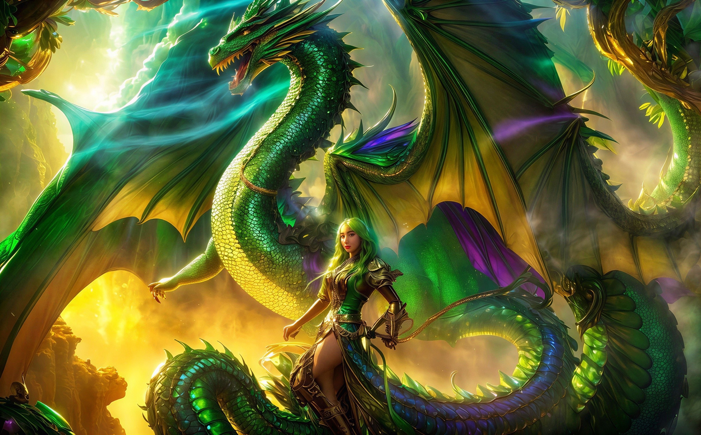 Fantasy Artwork Featuring a Green Dragon and Warrior
