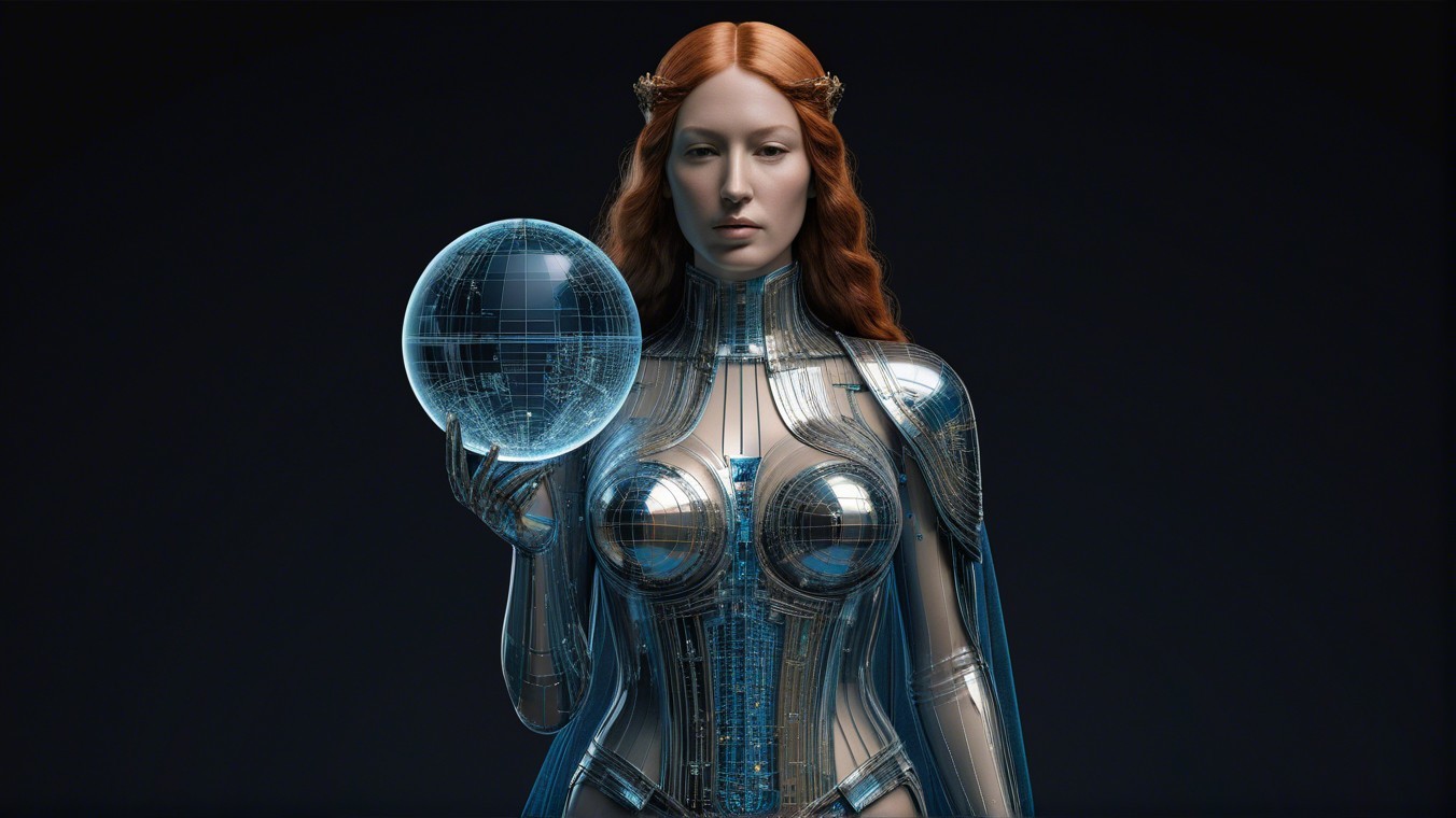 Futuristic figure in metallic outfit with glowing globe