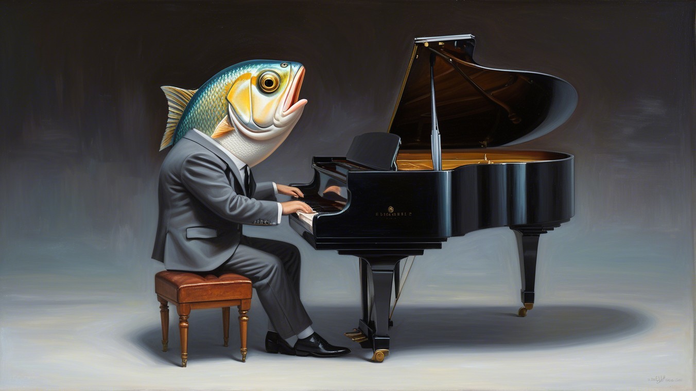 Humanoid Figure with Fish Head at Grand Piano
