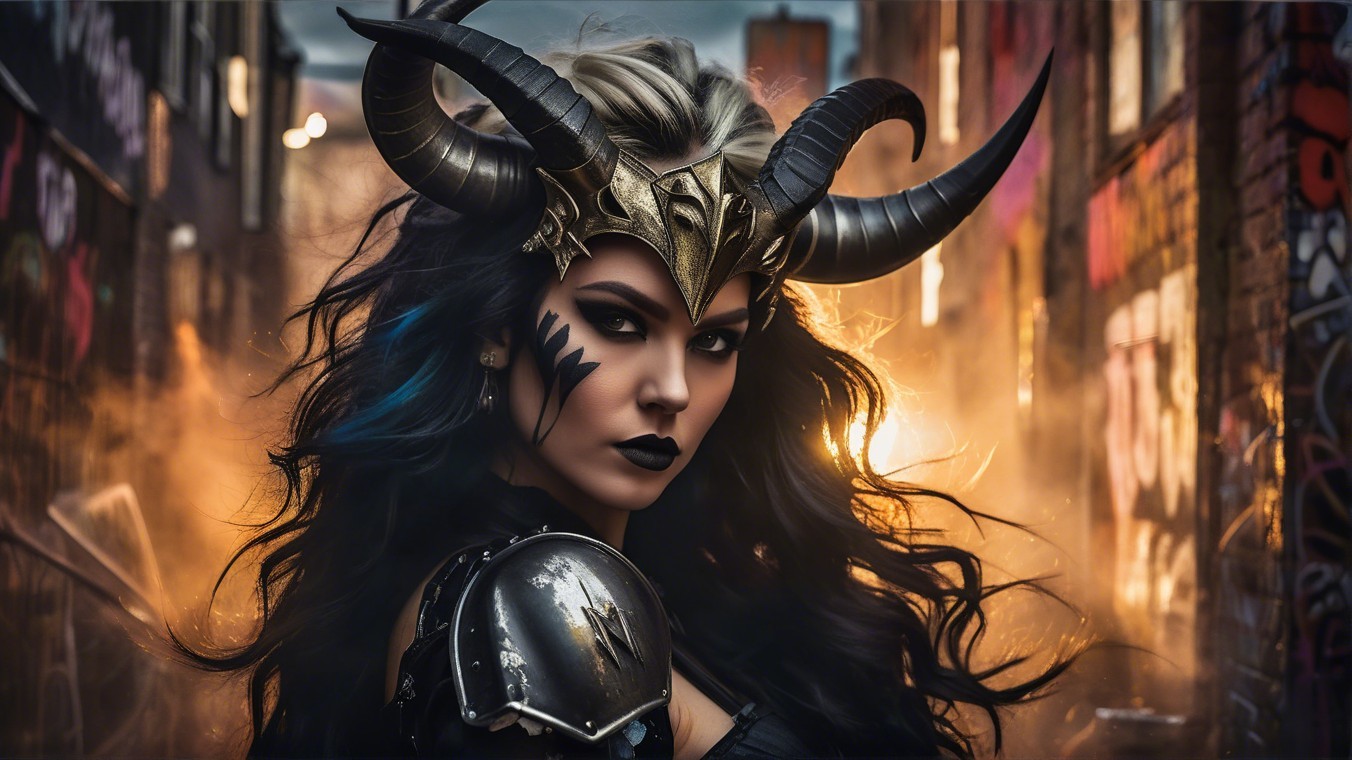 Warrior in Urban Alleyway with Horned Helmet and Armor