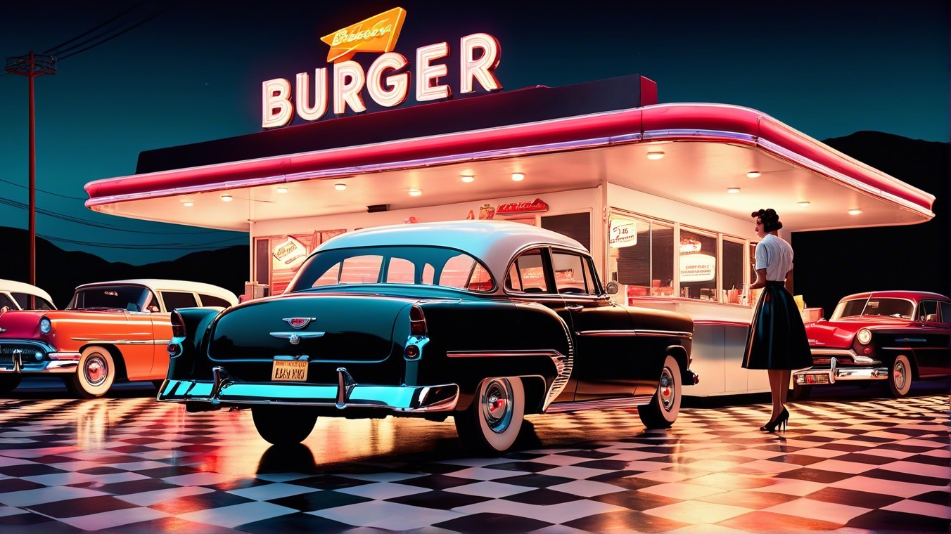 Retro Diner Scene with Neon Lights and Classic Cars
