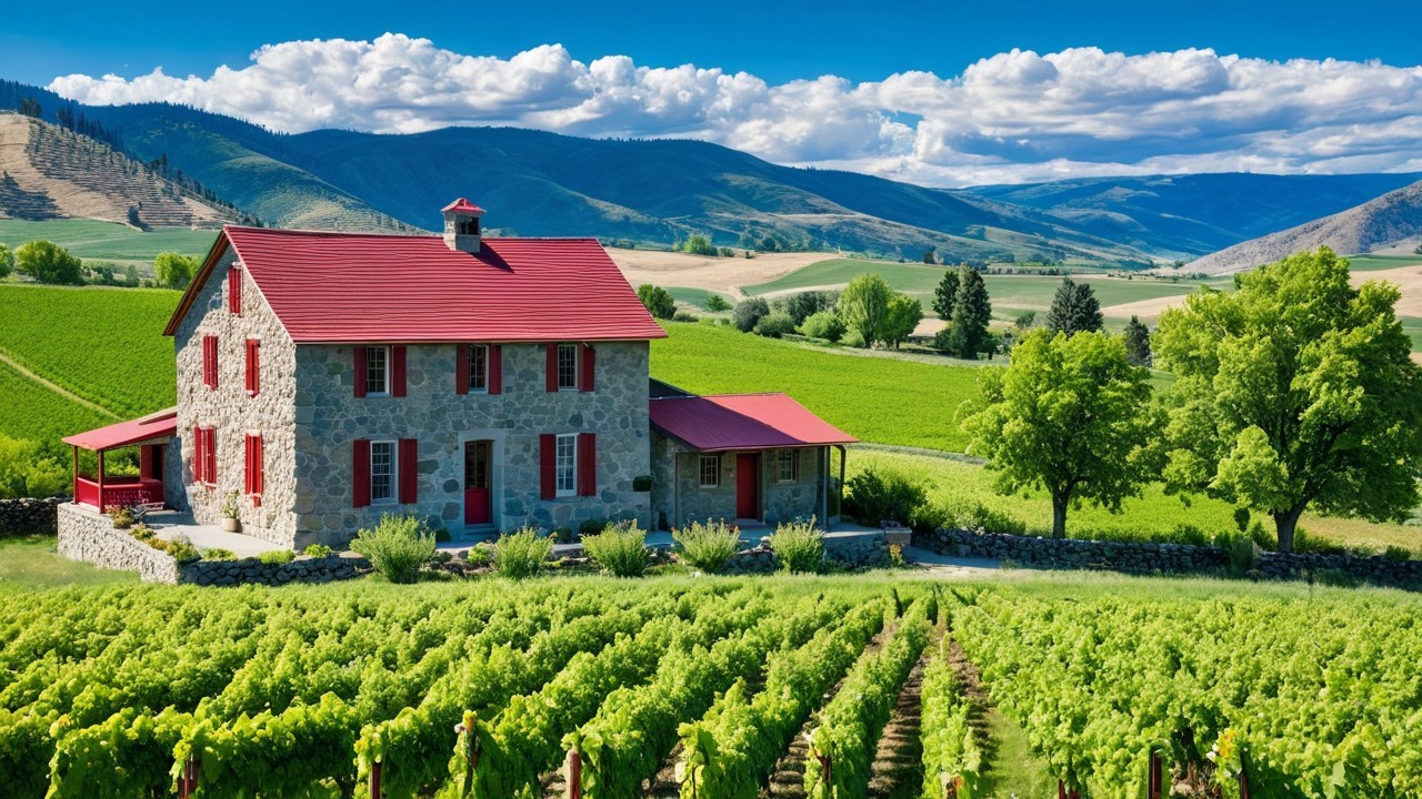 Stone Farmhouse Surrounded by Vineyards and Hills
