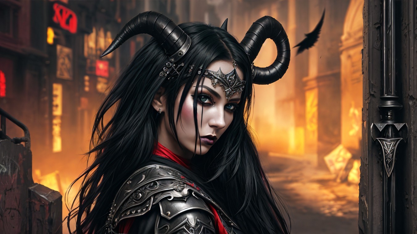 Dystopian Figure in Ornate Dark Armor and Horned Headdress