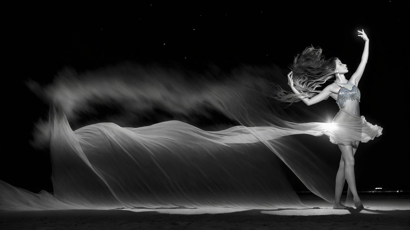 Dancer in Elegant Pose Against Starry Night Background