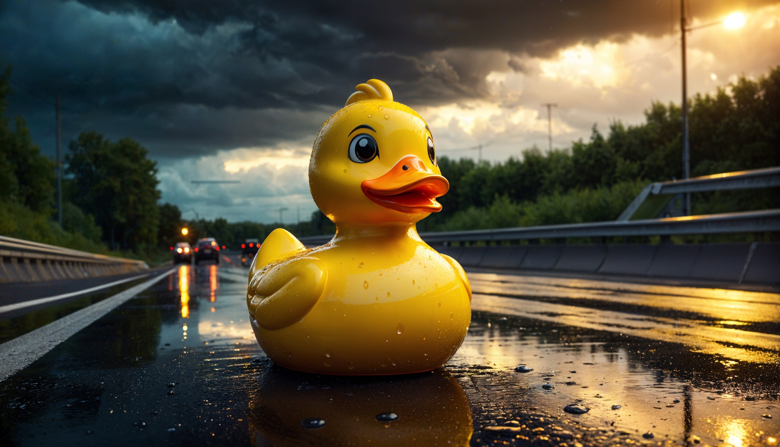 Rubber Duck on Wet Road Under Stormy Sky