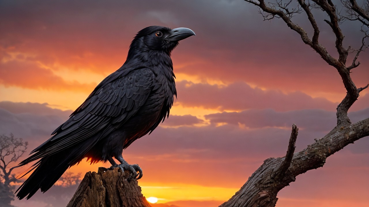 Raven on Branch Against Dramatic Sunset Colors