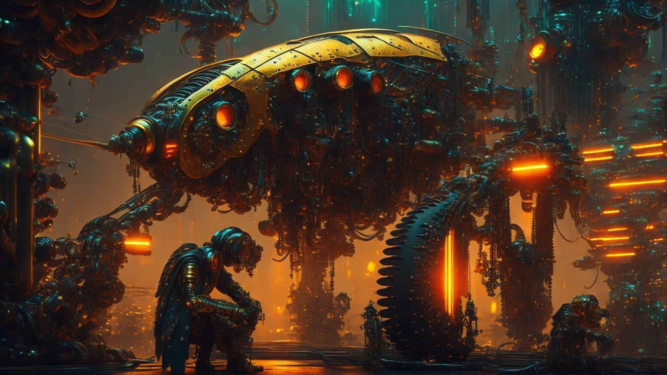 Futuristic Scene with Robotic Creature and Reflective Figure