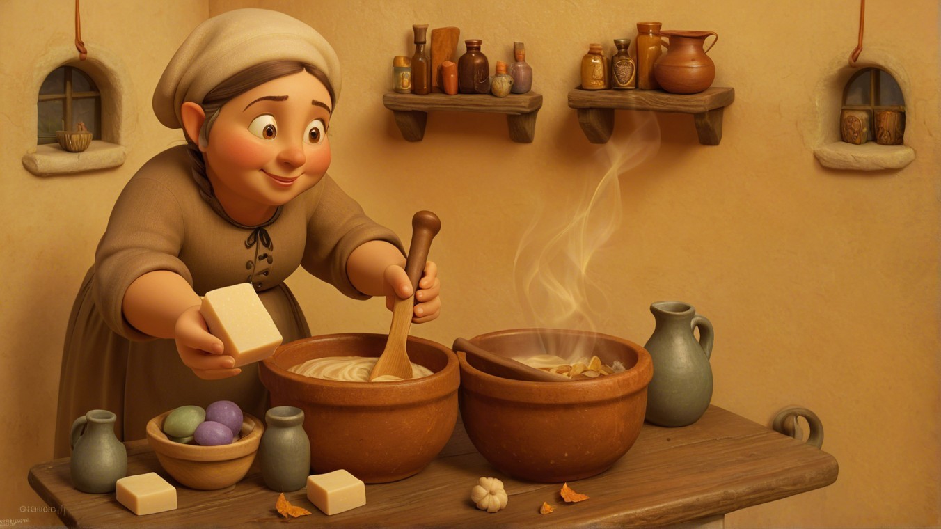 Cozy Kitchen Scene with Woman Cooking and Ingredients