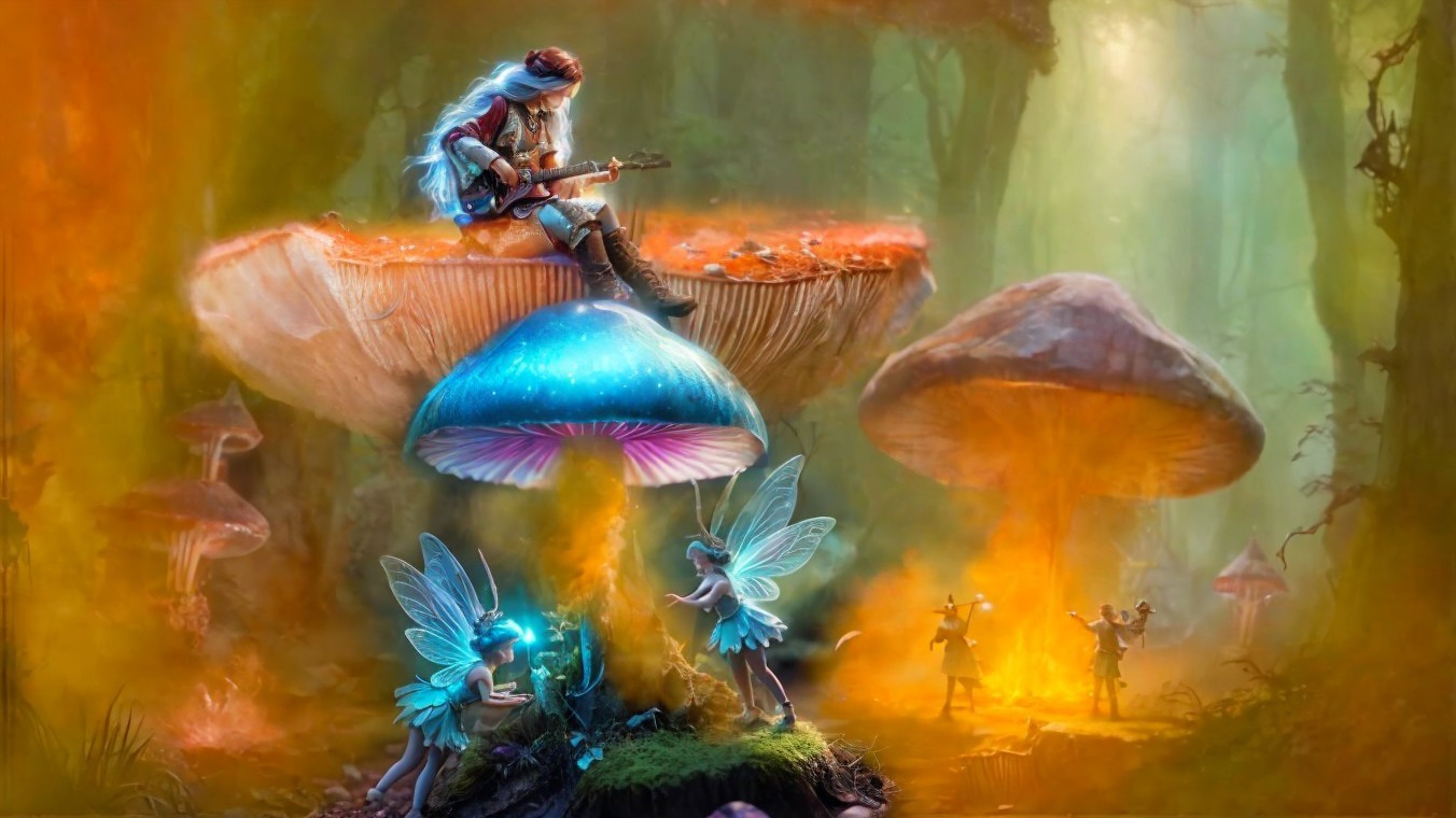 Guitarist on Giant Mushroom in Enchanted Forest