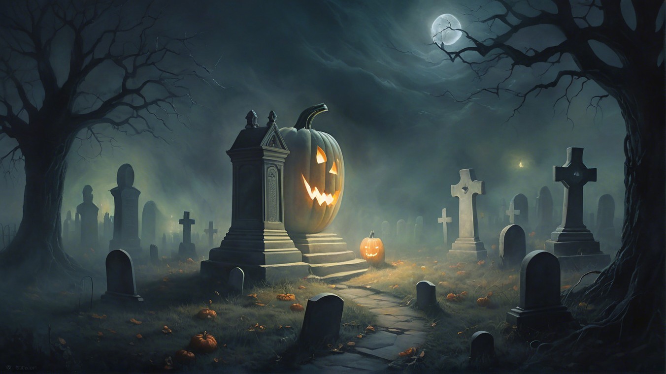 Haunting Graveyard Scene with Pumpkins and Shadows