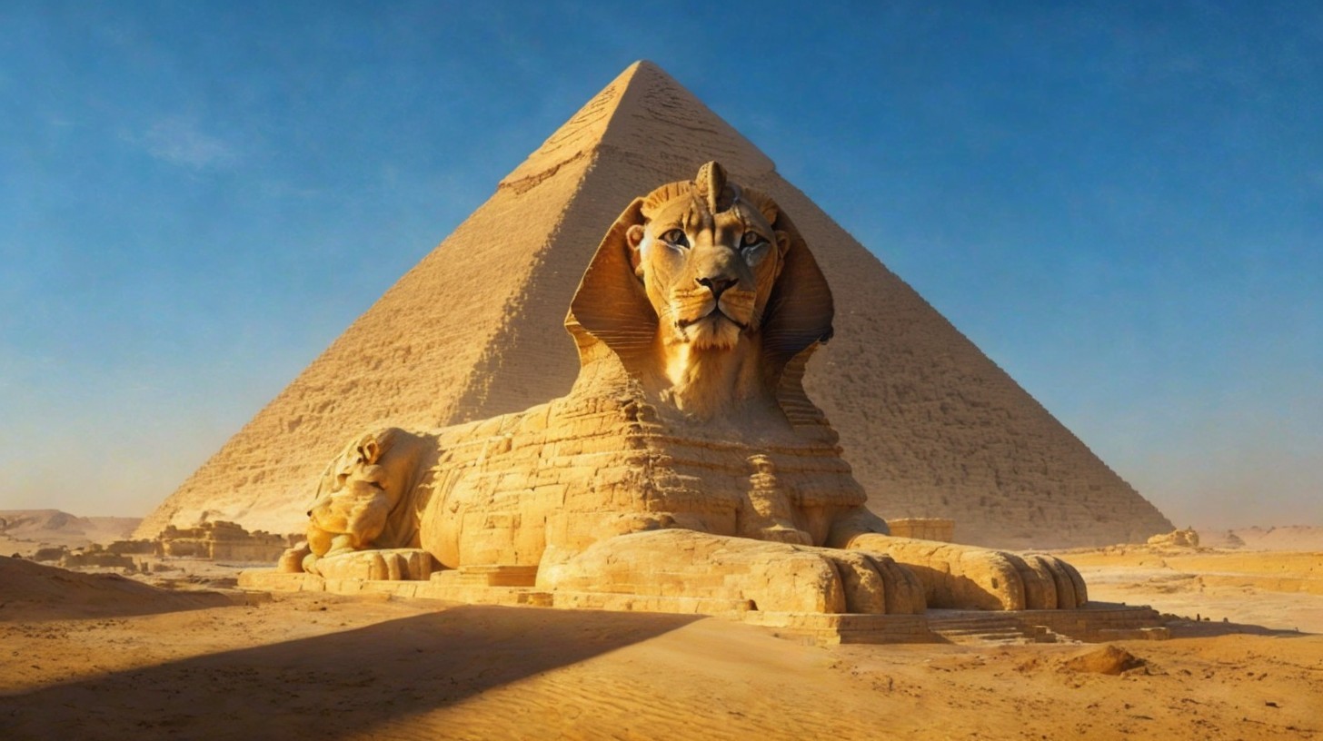 Sphinx Statue with Great Pyramid of Giza Background