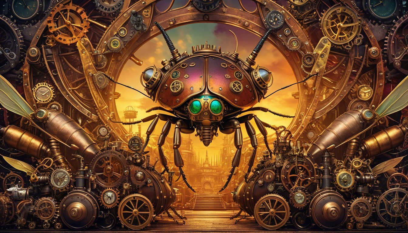 Steampunk Scene with Mechanical Insect and Sunset