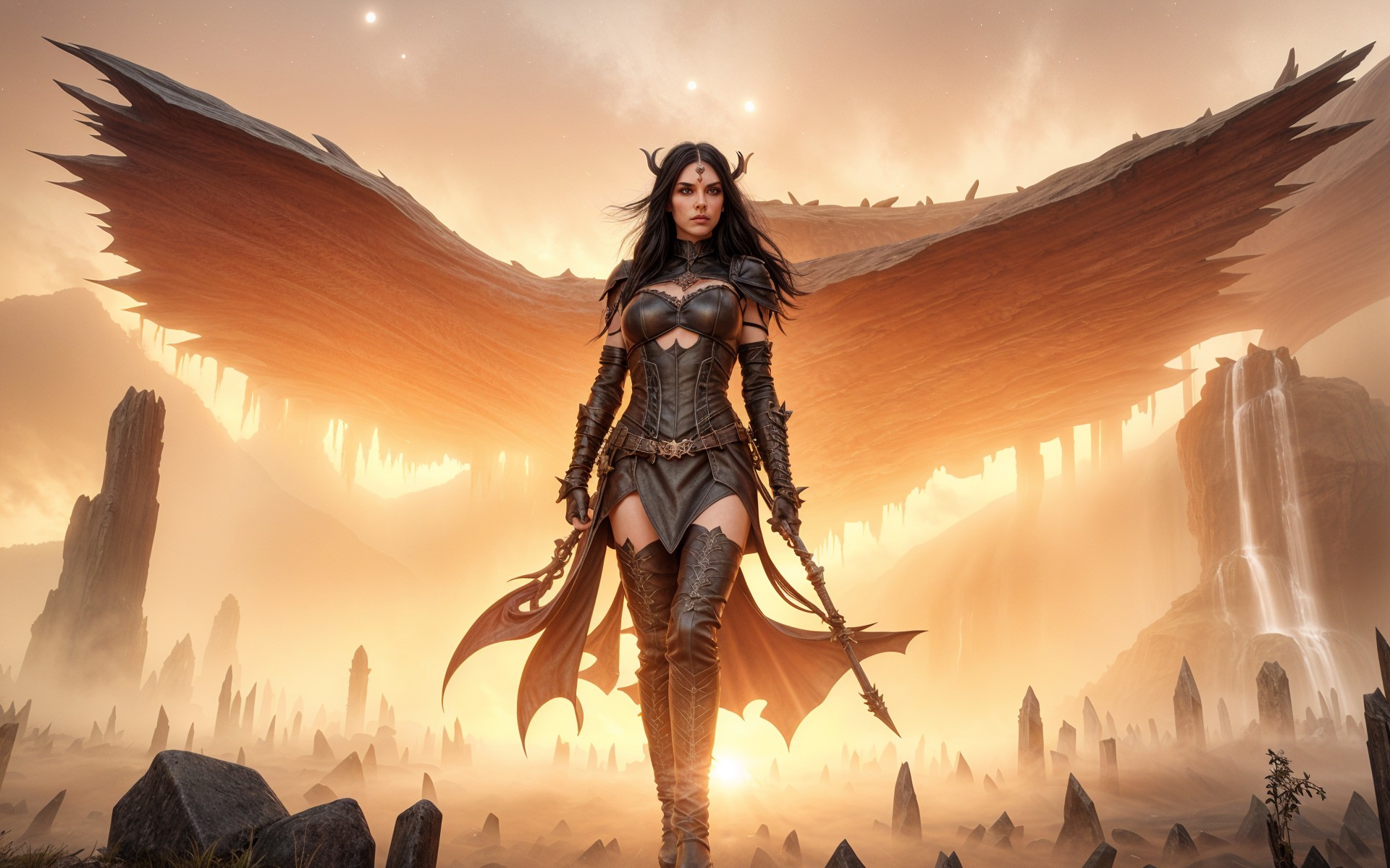 Warrior in Dark Armor Against Mystical Landscape