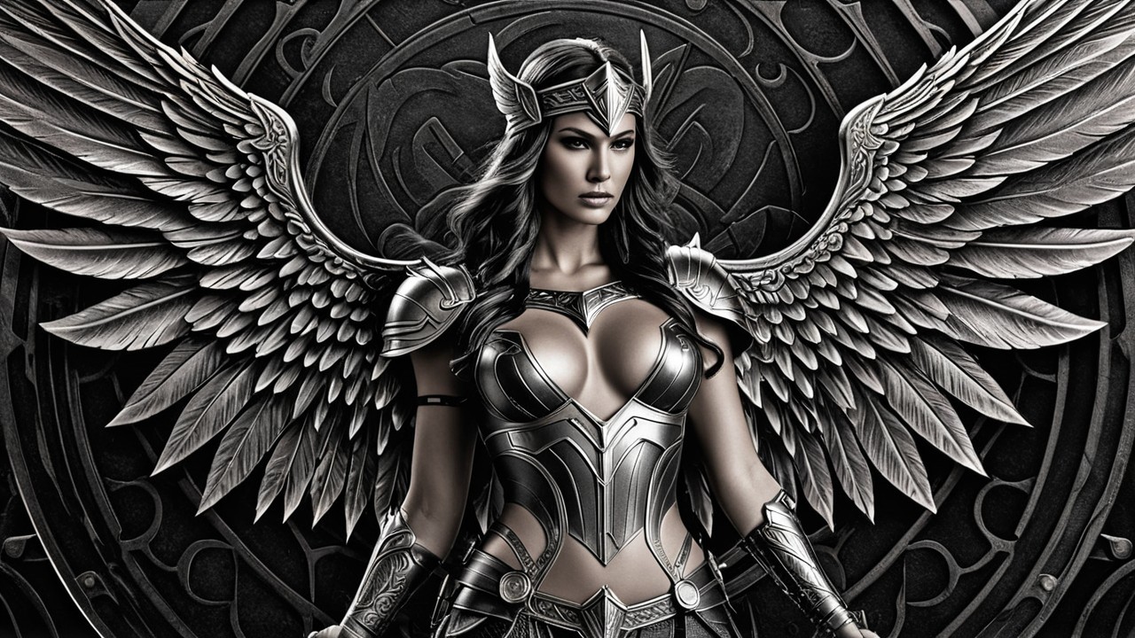 Woman in Silver and Black Armor with Detailed Wings