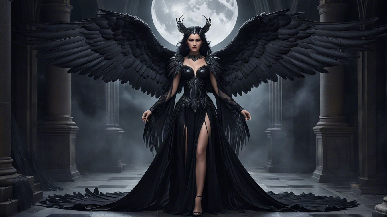 Dark Figure with Wings in Ornate Moonlit Setting