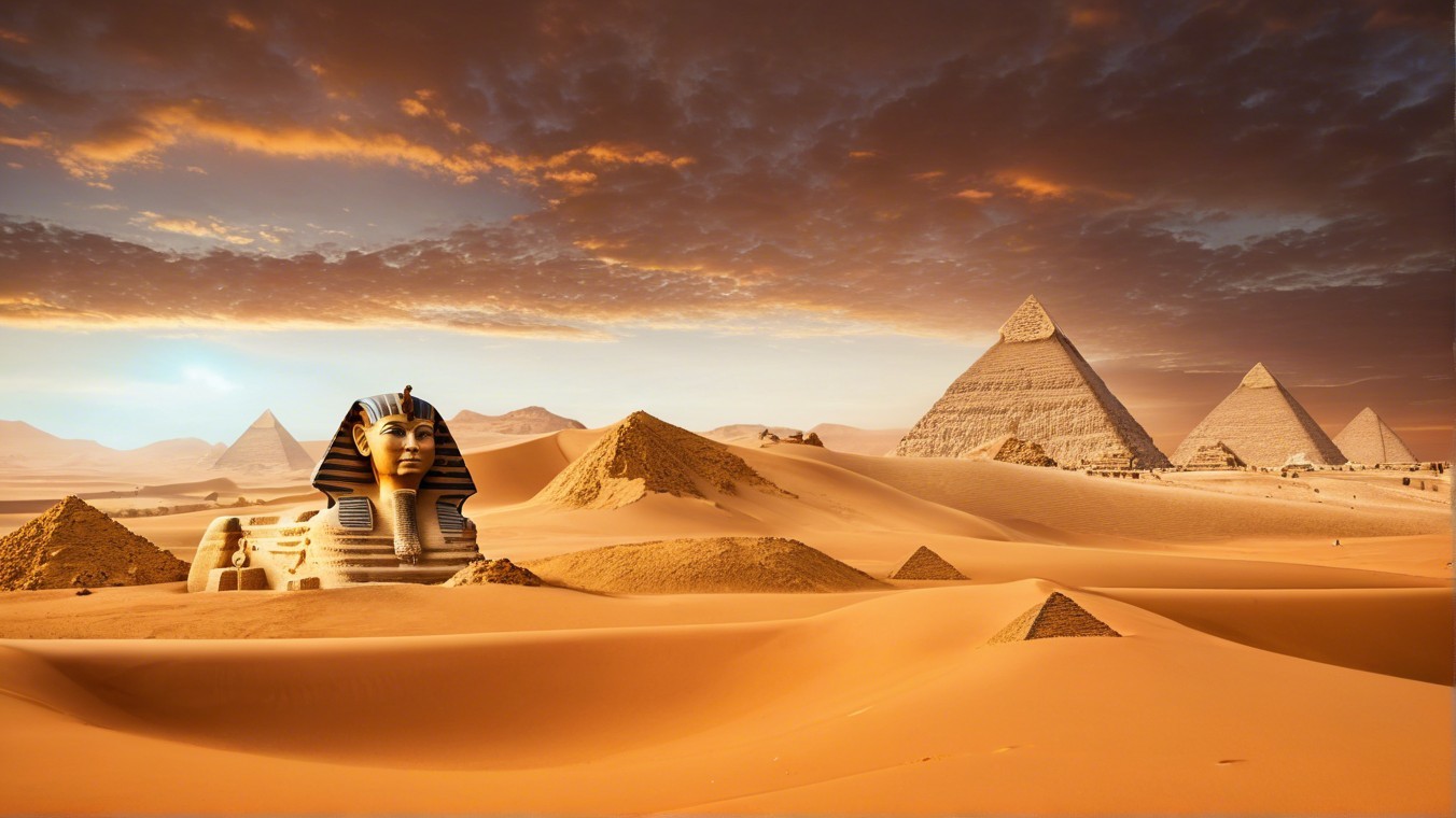 Egyptian Desert View with Great Sphinx and Pyramids