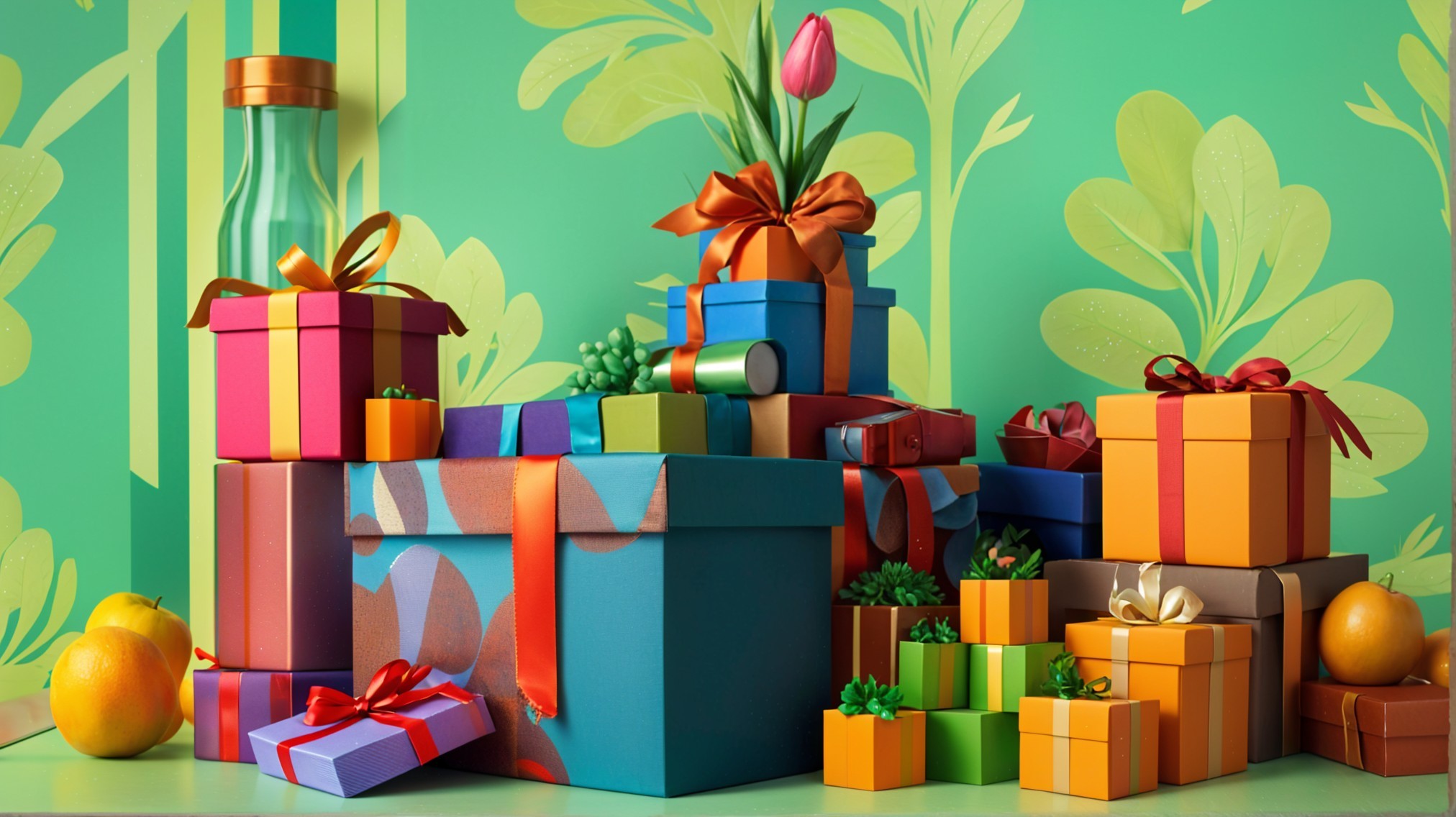 Colorful Gifts Surrounded by Greenery and Foliage