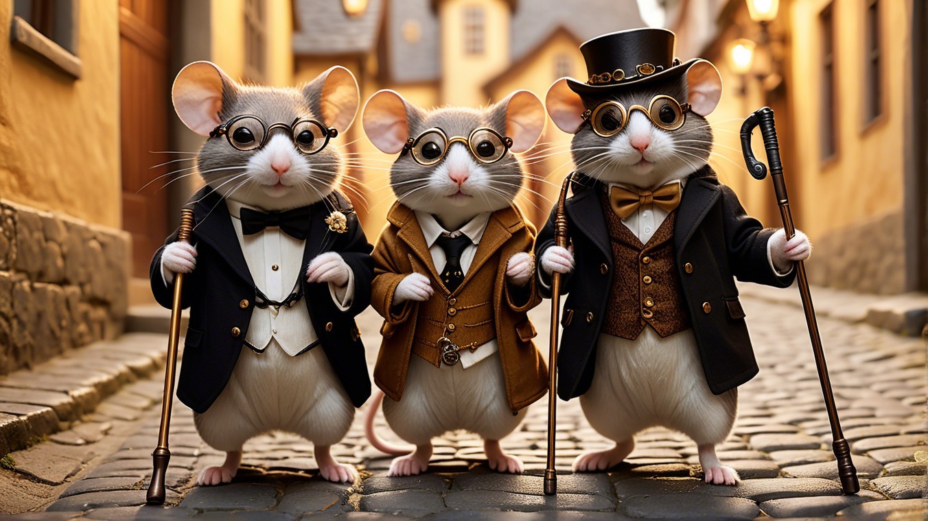 Victorian-Dressed Mice on Cobblestone Street