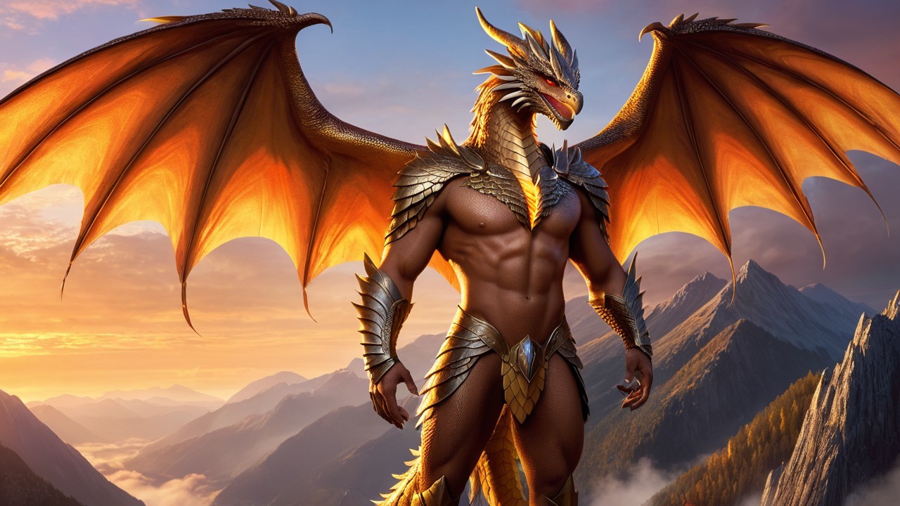 Muscular Humanoid Figure with Dragon Features on Mountain