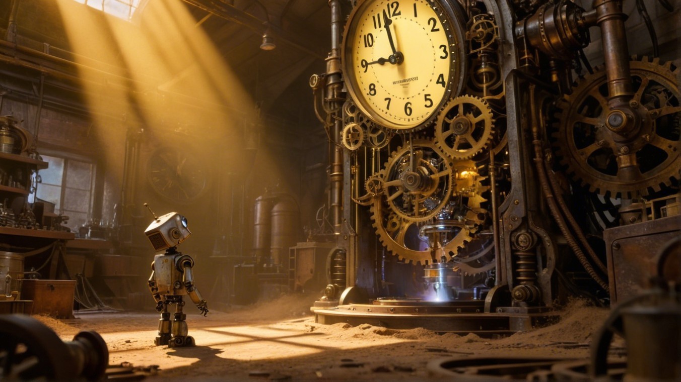 Curious Robot in Steampunk Workshop with Giant Clock