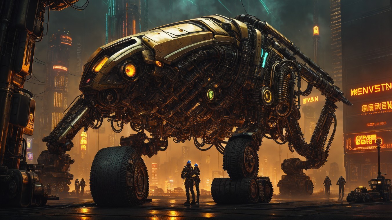 Futuristic Cityscape with Robotic Creature and Human